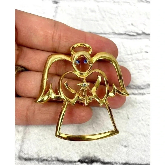 Angel Gold Tone Pin Brooch Christmas Holiday Blue Rhinestone Eyes - Picture 7 of 8